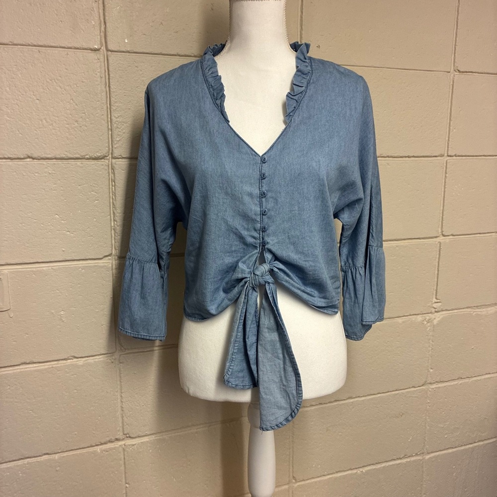 Tie Front Womens Top Small Coachella Romantic Ruffle Bell Sleeve‎ Boho Festival